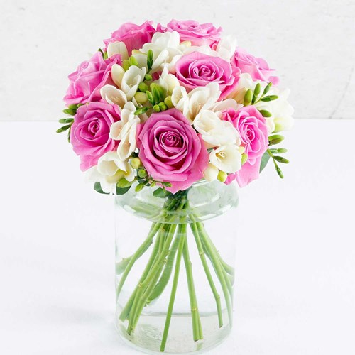 Pink Roses with White Freesia